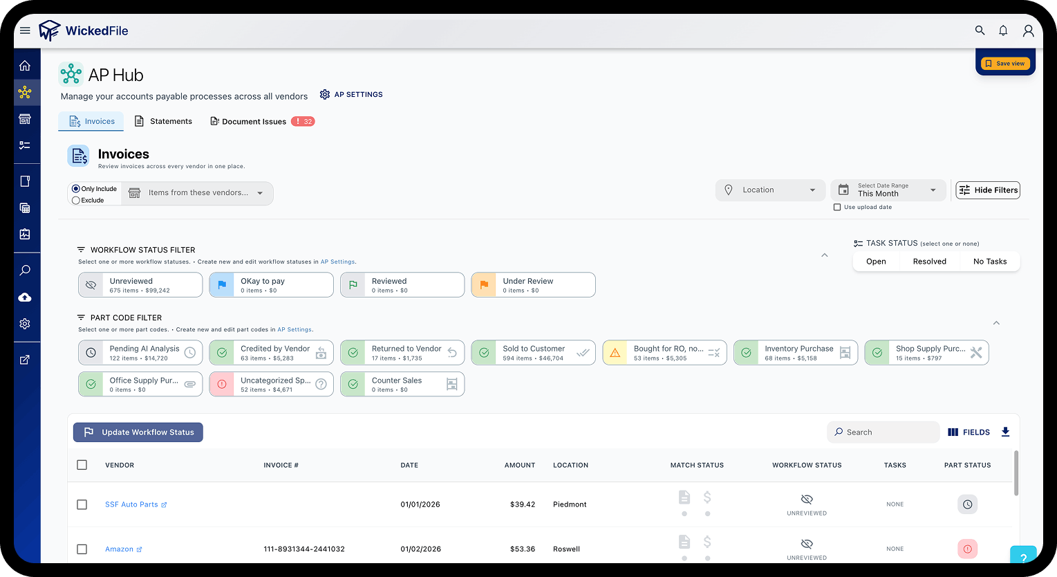 WickedFile dashboard showing reconciliation results